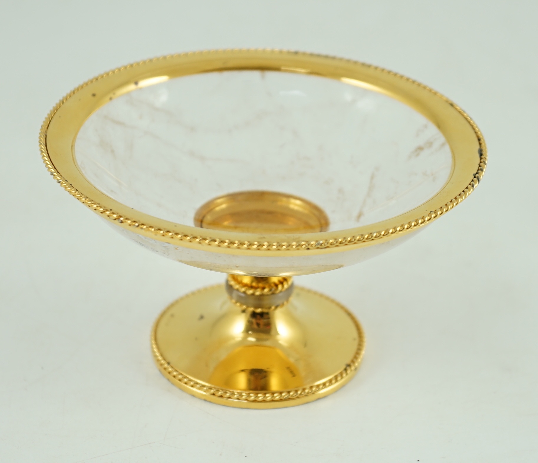 An early to mid 20th century German silver gilt mounted gilt rock crystal pedestal dish, by Gayer & Krauss